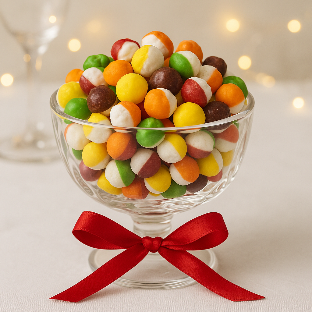 Glass bowl filled with colorful round candies and a red ribbon on a light background